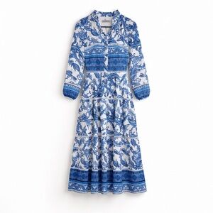 Georgette Blue White Porcelain Print Maxi Dress XS Mandarin Collar Button Tiered